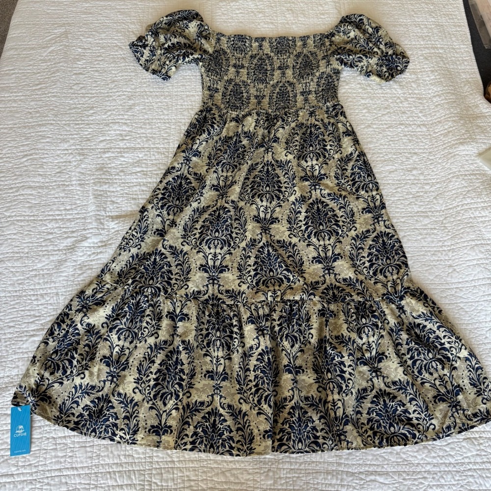Cupshe Blue Tan Damask Smocked Midi Dress Off Shoulder Puff Sleeve CAA05A3M055UC